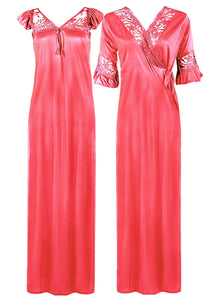 Coral Pink / XXL Women Satin Long Nightdress Lace Detailed The Orange Tags