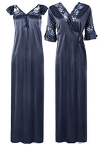 Load image into Gallery viewer, Midnight Blue / XXL Women Satin Long Nightdress Lace Detailed The Orange Tags
