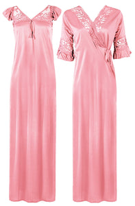 Baby Pink / XXL Women Satin Long Nightdress Lace Detailed The Orange Tags