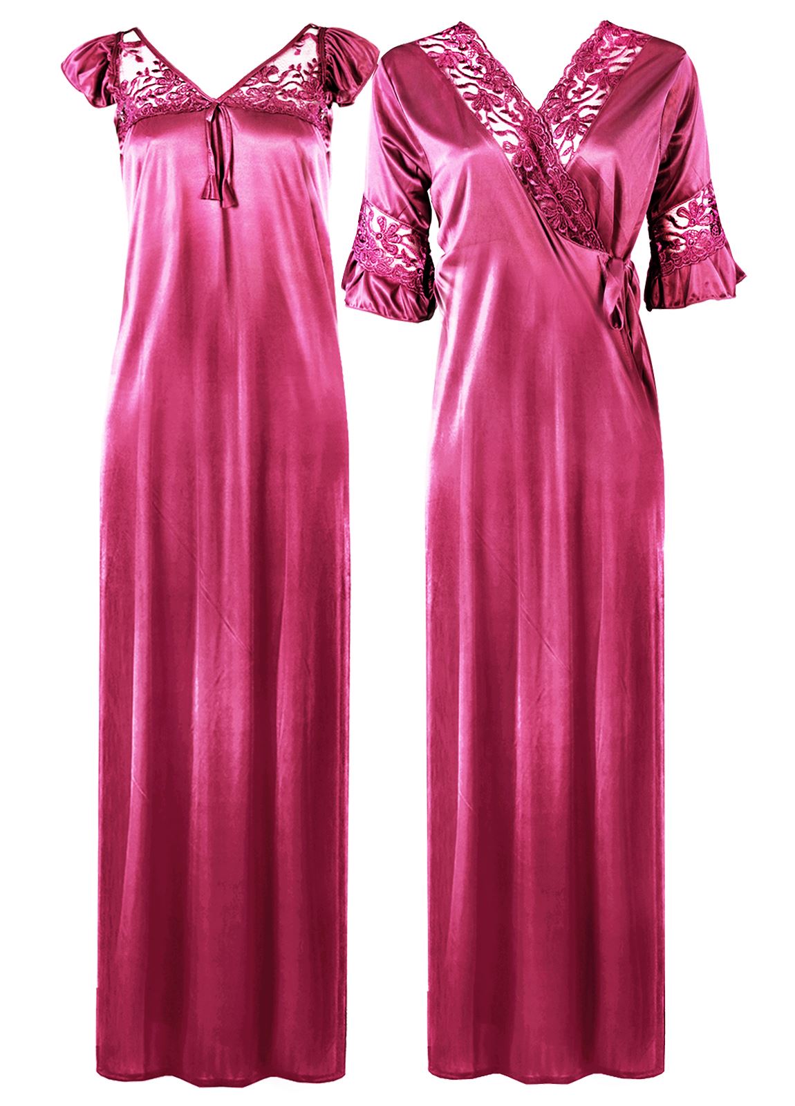 Rose Pink / XXL Women Satin Long Nightdress Lace Detailed The Orange Tags