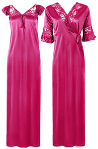Hot Pink / XXL Women Satin Long Nightdress Lace Detailed The Orange Tags