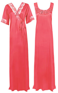 Coral Pink / XXL Satin Plus Size 2pc Set Robe & Nighty The Orange Tags