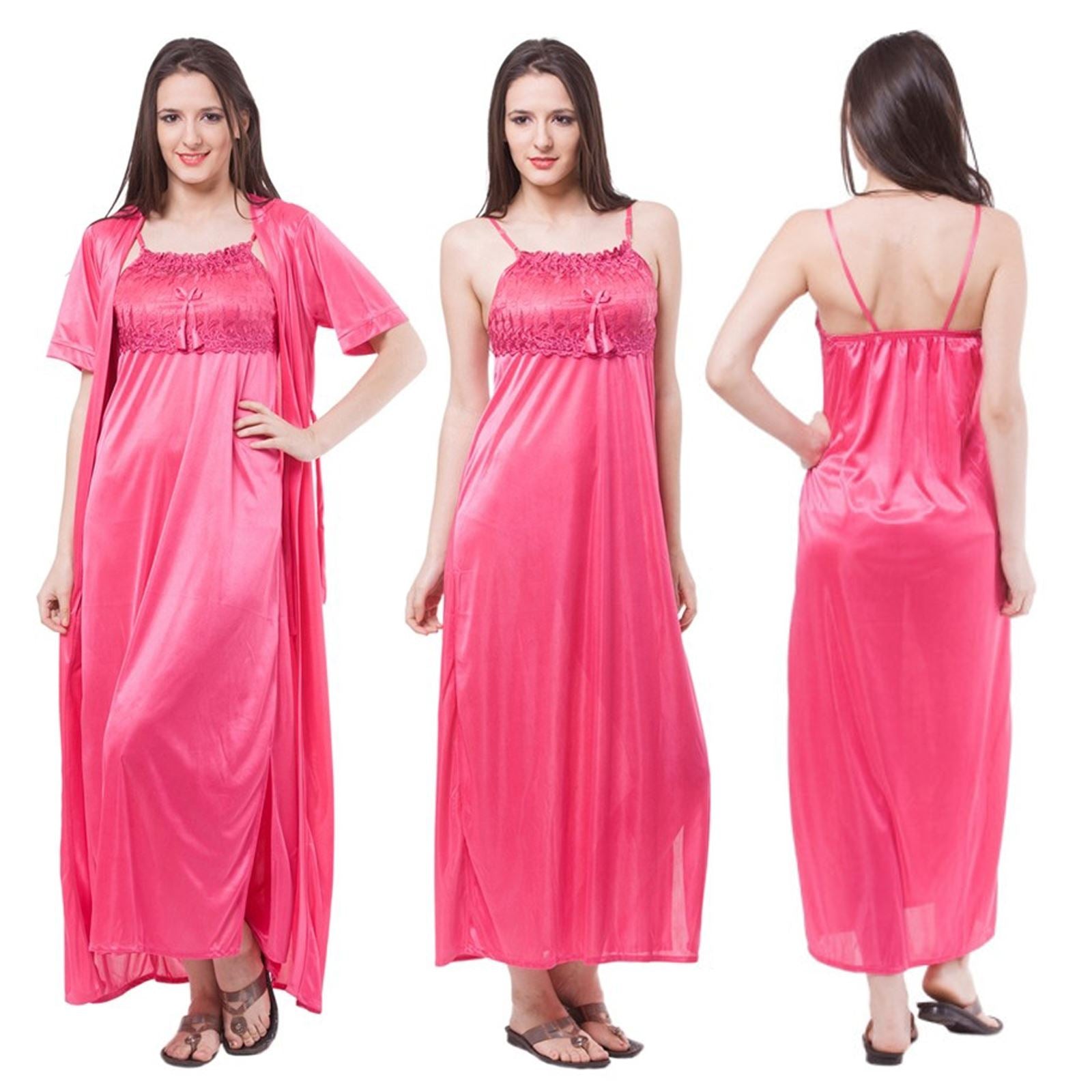 Pink / One Size: Regular (8-16) Satin Nightdress With Robe Nightwear Set The Orange Tags