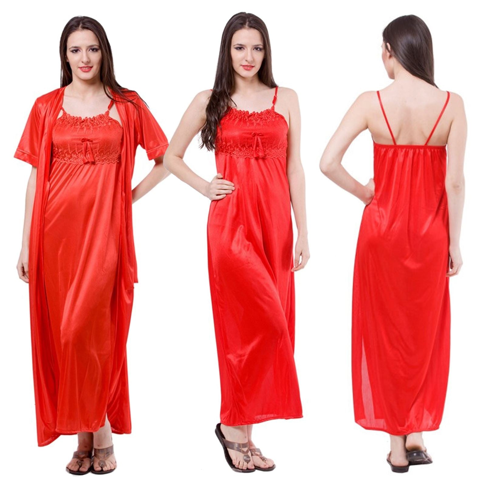 Red / One Size: Regular (8-16) Satin Nightdress With Robe Nightwear Set The Orange Tags