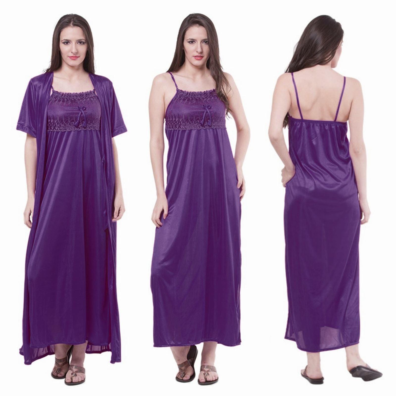 Dark Purple / One Size: Regular (8-16) Satin Nightdress With Robe Nightwear Set The Orange Tags