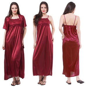 Deep Red / One Size: Regular (8-16) Satin Nightdress With Robe Nightwear Set The Orange Tags