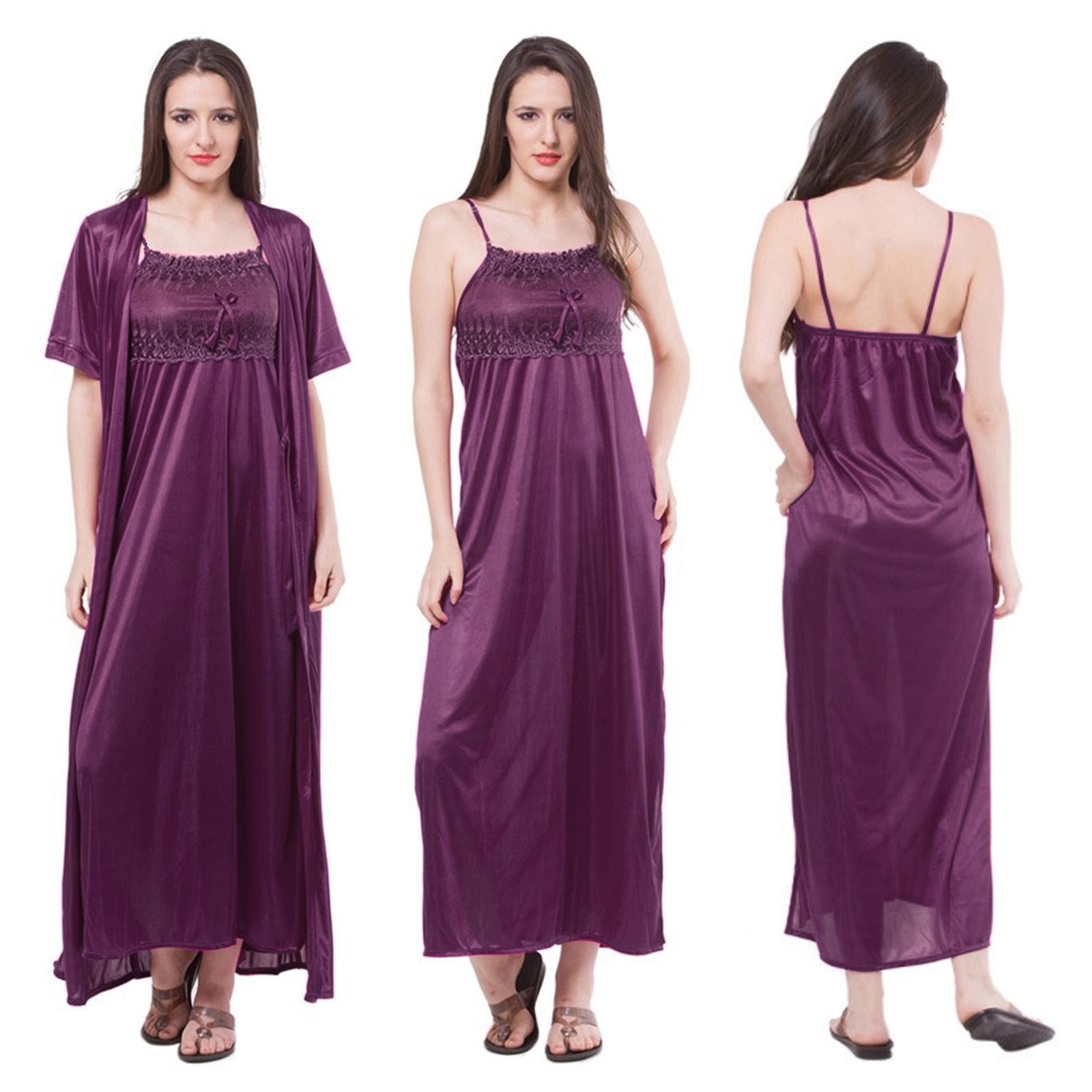 Light Purple / One Size: Regular (8-16) Satin Nightdress With Robe Nightwear Set The Orange Tags