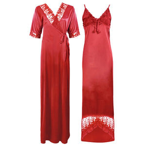 Red / 8-14 Satin Lace Nighty With Robe The Orange Tags