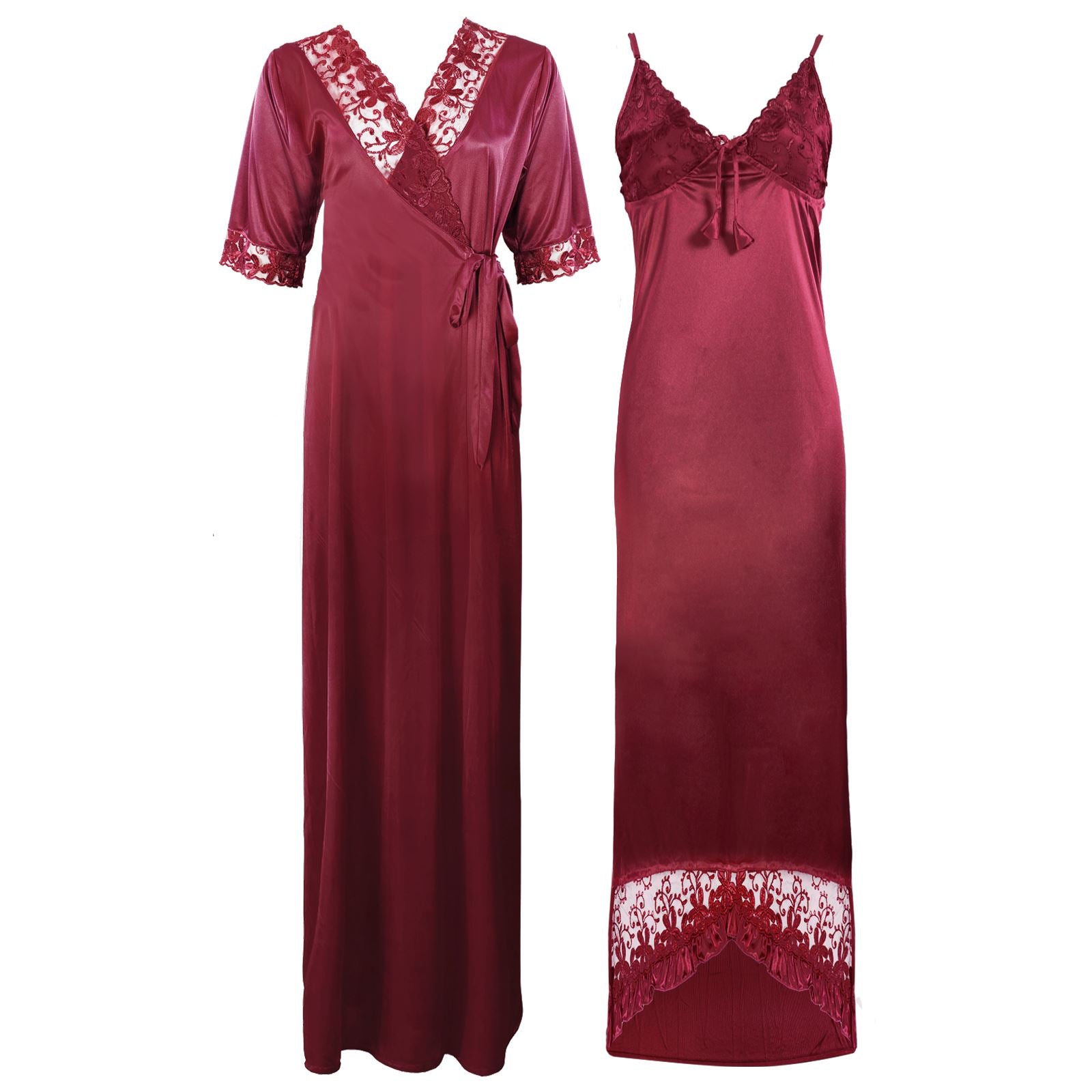 Wine / 8-14 Satin Lace Nighty With Robe The Orange Tags