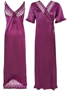 Purple / One Size: Regular (8-16) Designer Satin Nightwear Nighty and Robe The Orange Tags
