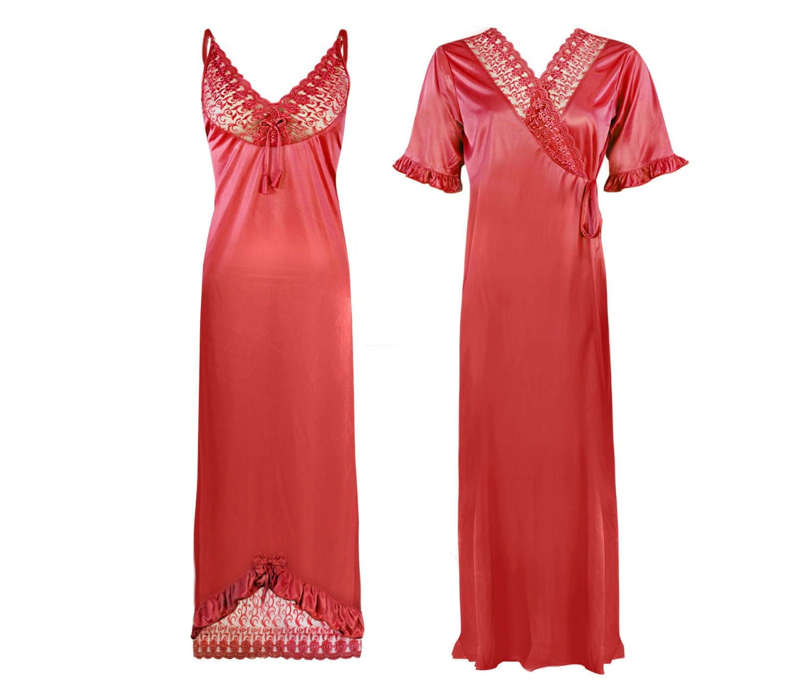 Coral Pink / One Size: Regular (8-16) Designer Satin Nightwear Nighty and Robe The Orange Tags
