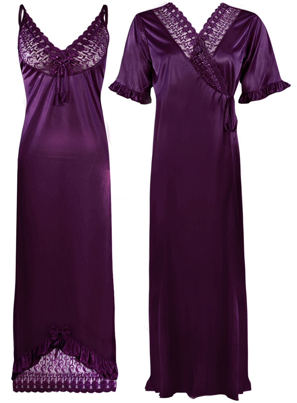 Dark Purple / One Size: Regular (8-16) Designer Satin Nightwear Nighty and Robe The Orange Tags