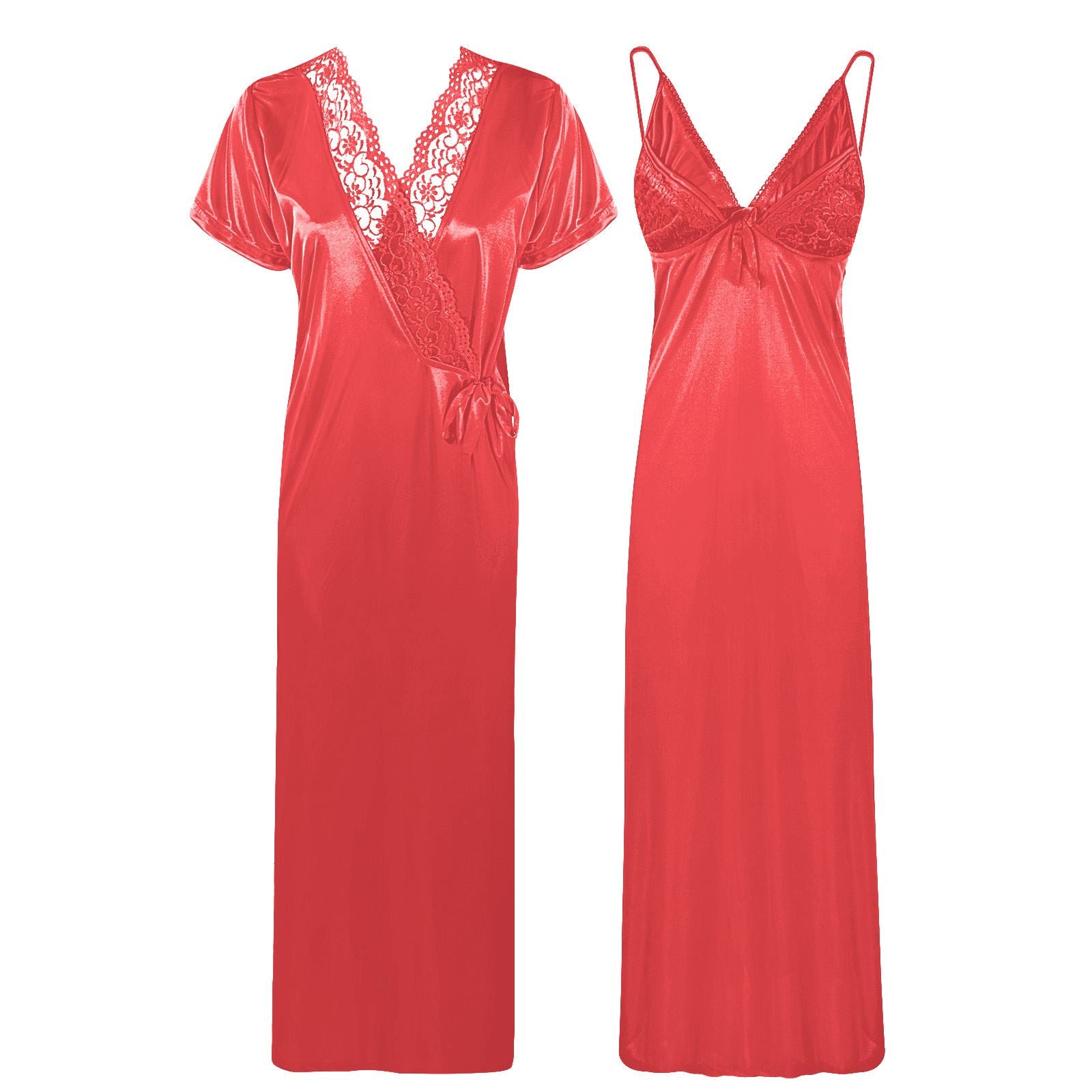Coral / One Size Satin Strappy Long Nighty With Robe The Orange Tags