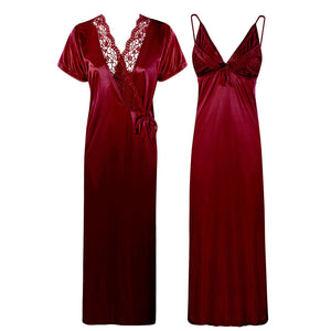 Deep Red / One Size Satin Strappy Long Nighty With Robe The Orange Tags