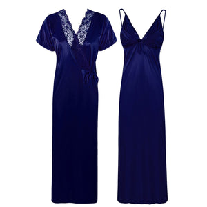 Navy / One Size Satin Strappy Long Nighty With Robe The Orange Tags