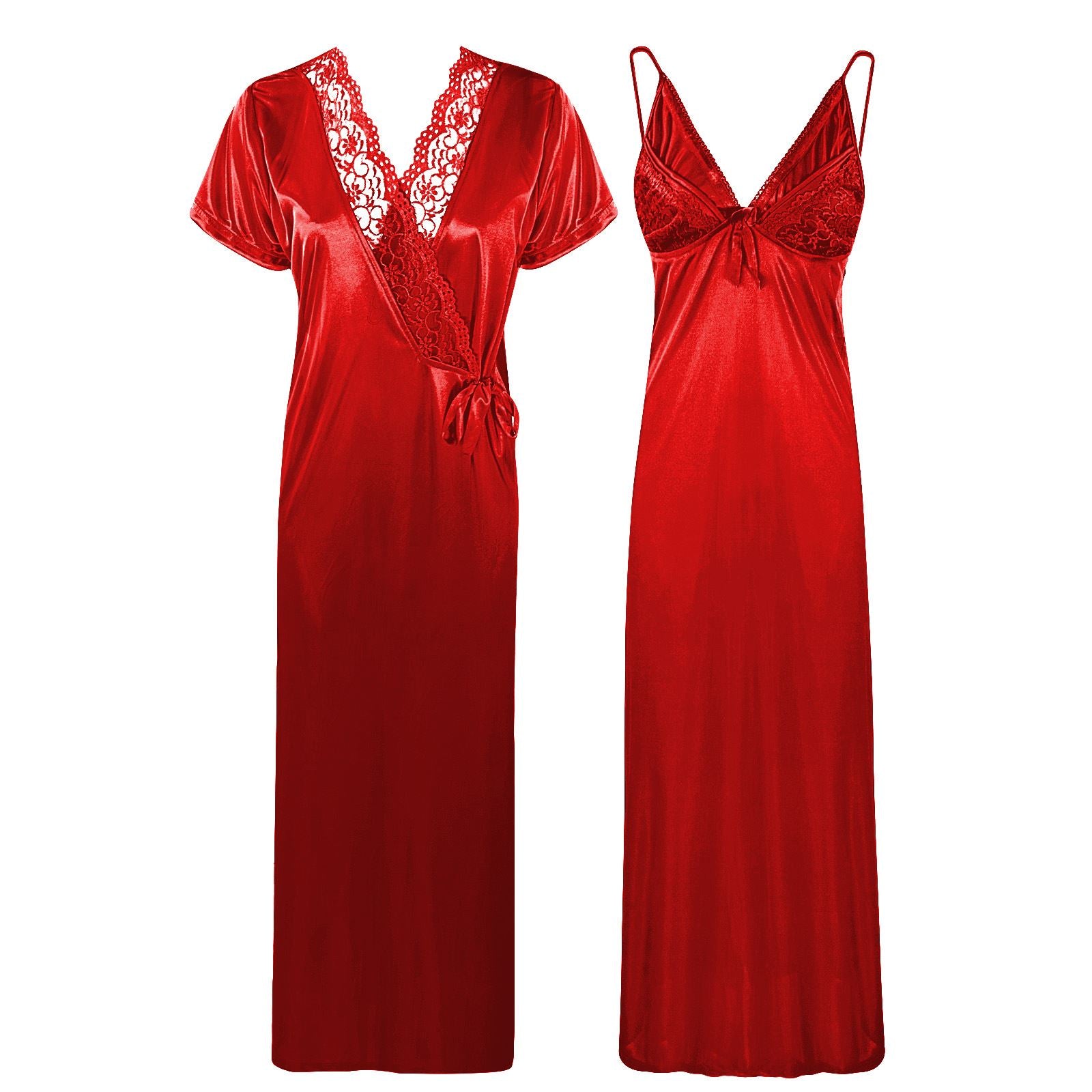 Red / One Size Satin Strappy Long Nighty With Robe The Orange Tags