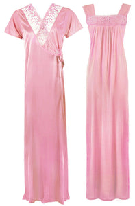 Baby Pink / One Size WOMENS LONG SATIN CHEMISE NIGHTIE NIGHTDRESS LADIES DRESSING GOWN 2PC SET 8-16 The Orange Tags