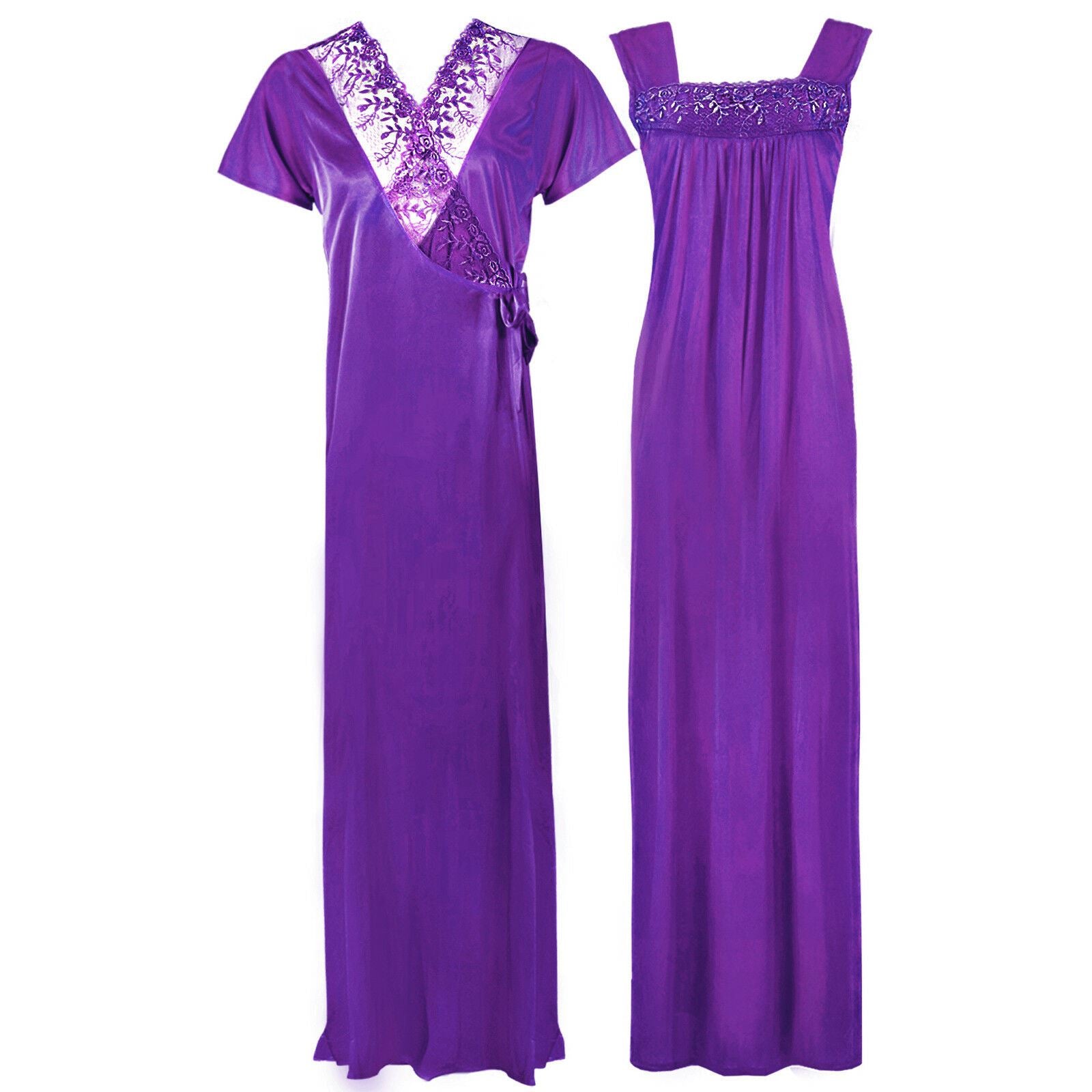 Purple / One Size WOMENS LONG SATIN CHEMISE NIGHTIE NIGHTDRESS LADIES DRESSING GOWN 2PC SET 8-16 The Orange Tags