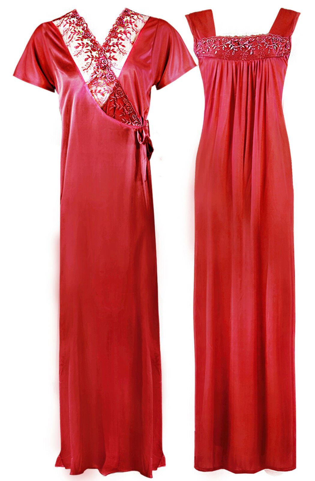 Red / One Size WOMENS LONG SATIN CHEMISE NIGHTIE NIGHTDRESS LADIES DRESSING GOWN 2PC SET 8-16 The Orange Tags