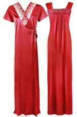 Afbeelding in Gallery-weergave laden, Red / One Size WOMENS LONG SATIN CHEMISE NIGHTIE NIGHTDRESS LADIES DRESSING GOWN 2PC SET 8-16 The Orange Tags
