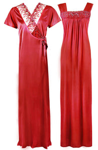 Red / One Size WOMENS LONG SATIN CHEMISE NIGHTIE NIGHTDRESS LADIES DRESSING GOWN 2PC SET 8-16 The Orange Tags