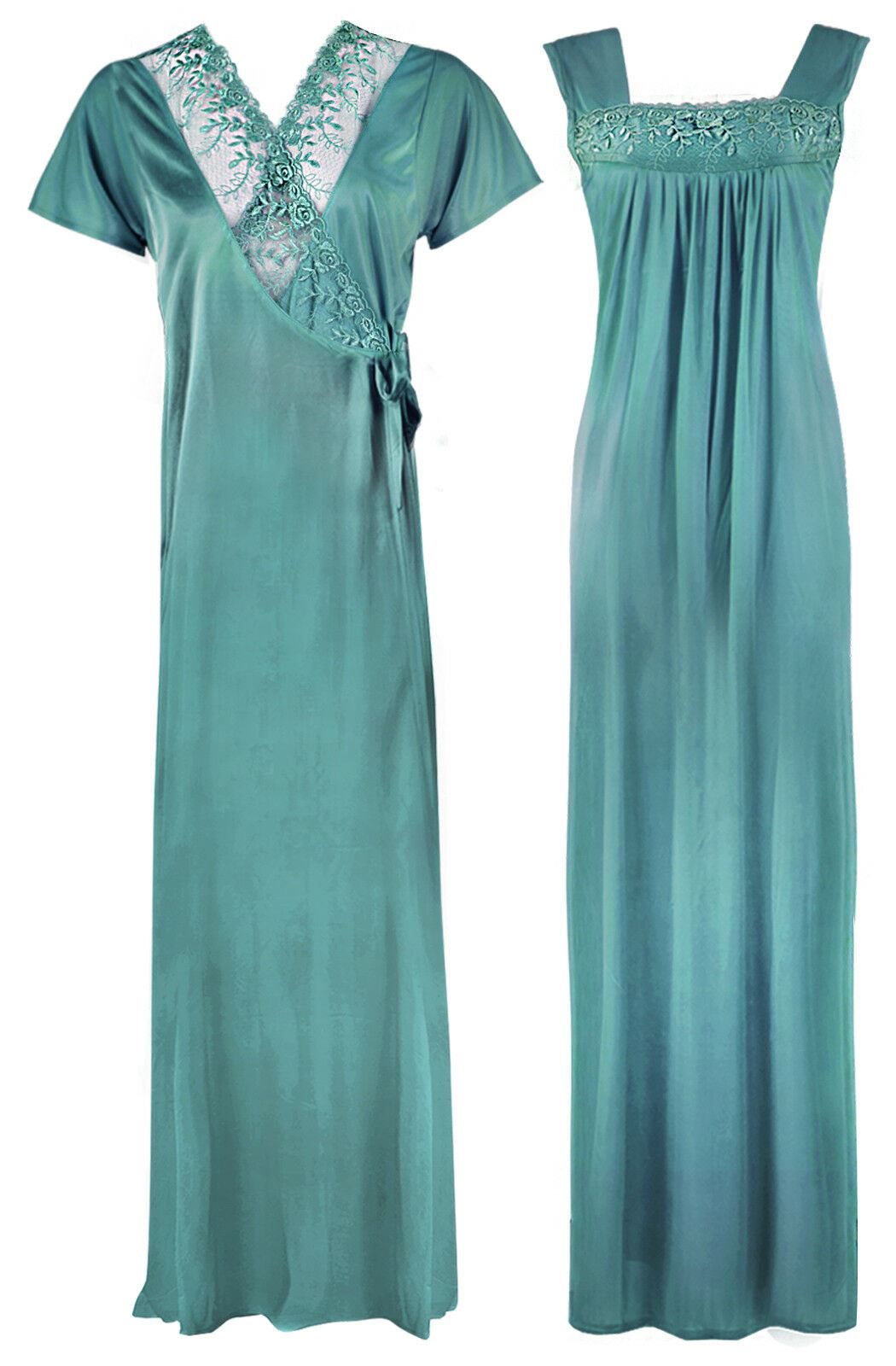 Teal / One Size WOMENS LONG SATIN CHEMISE NIGHTIE NIGHTDRESS LADIES DRESSING GOWN 2PC SET 8-16 The Orange Tags