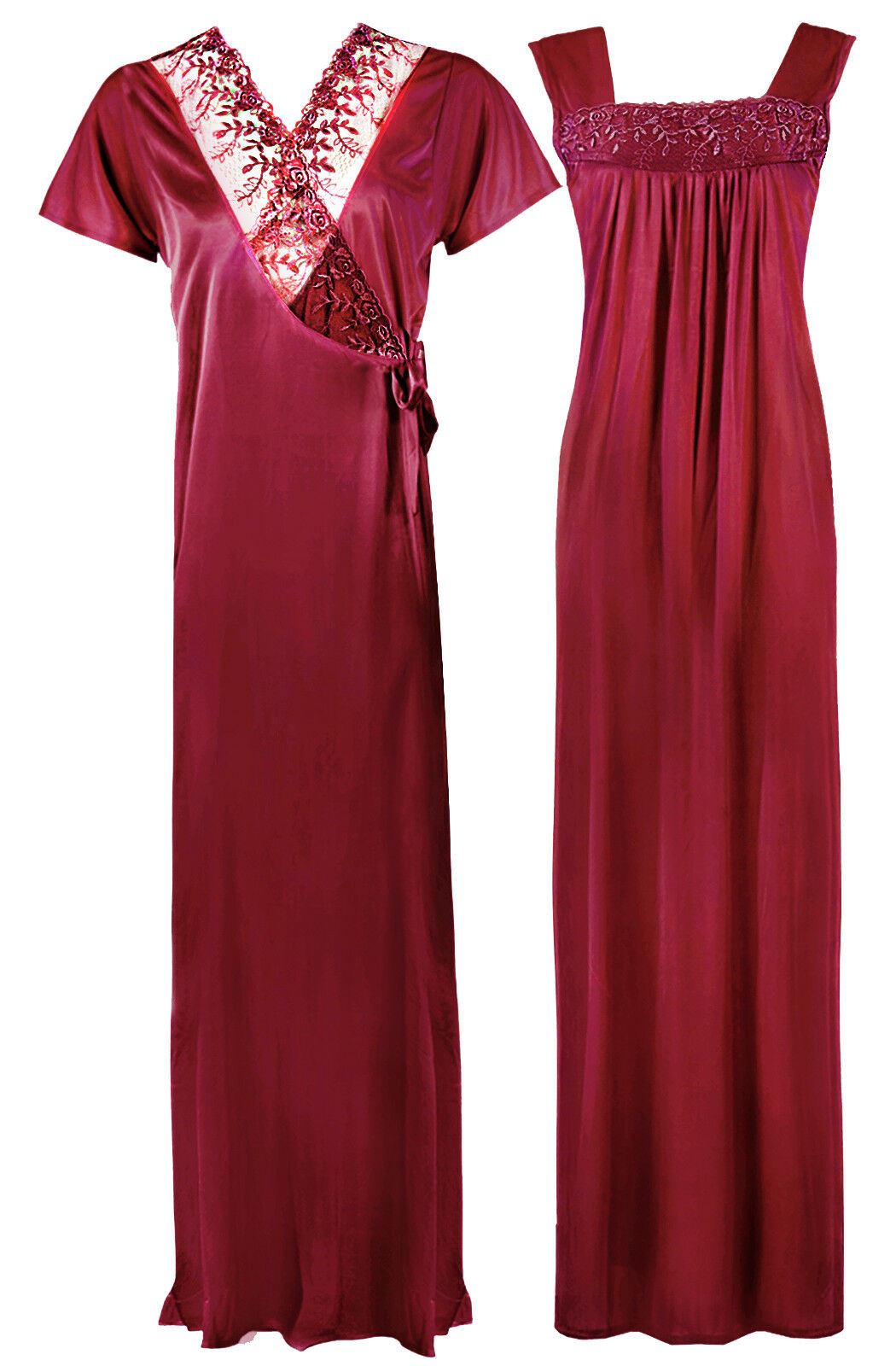 Cerise / One Size WOMENS LONG SATIN CHEMISE NIGHTIE NIGHTDRESS LADIES DRESSING GOWN 2PC SET 8-16 The Orange Tags