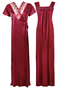 Cerise / One Size WOMENS LONG SATIN CHEMISE NIGHTIE NIGHTDRESS LADIES DRESSING GOWN 2PC SET 8-16 The Orange Tags