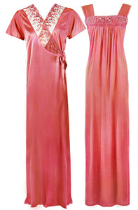 Pink / One Size WOMENS LONG SATIN CHEMISE NIGHTIE NIGHTDRESS LADIES DRESSING GOWN 2PC SET 8-16 The Orange Tags