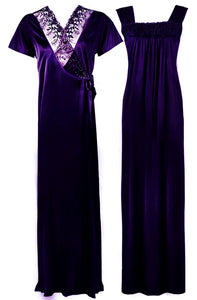 Dark Purple / One Size WOMENS LONG SATIN CHEMISE NIGHTIE NIGHTDRESS LADIES DRESSING GOWN 2PC SET 8-16 The Orange Tags