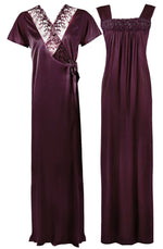Charger l&#39;image dans la galerie, Dark Wine / One Size WOMENS LONG SATIN CHEMISE NIGHTIE NIGHTDRESS LADIES DRESSING GOWN 2PC SET 8-16 The Orange Tags
