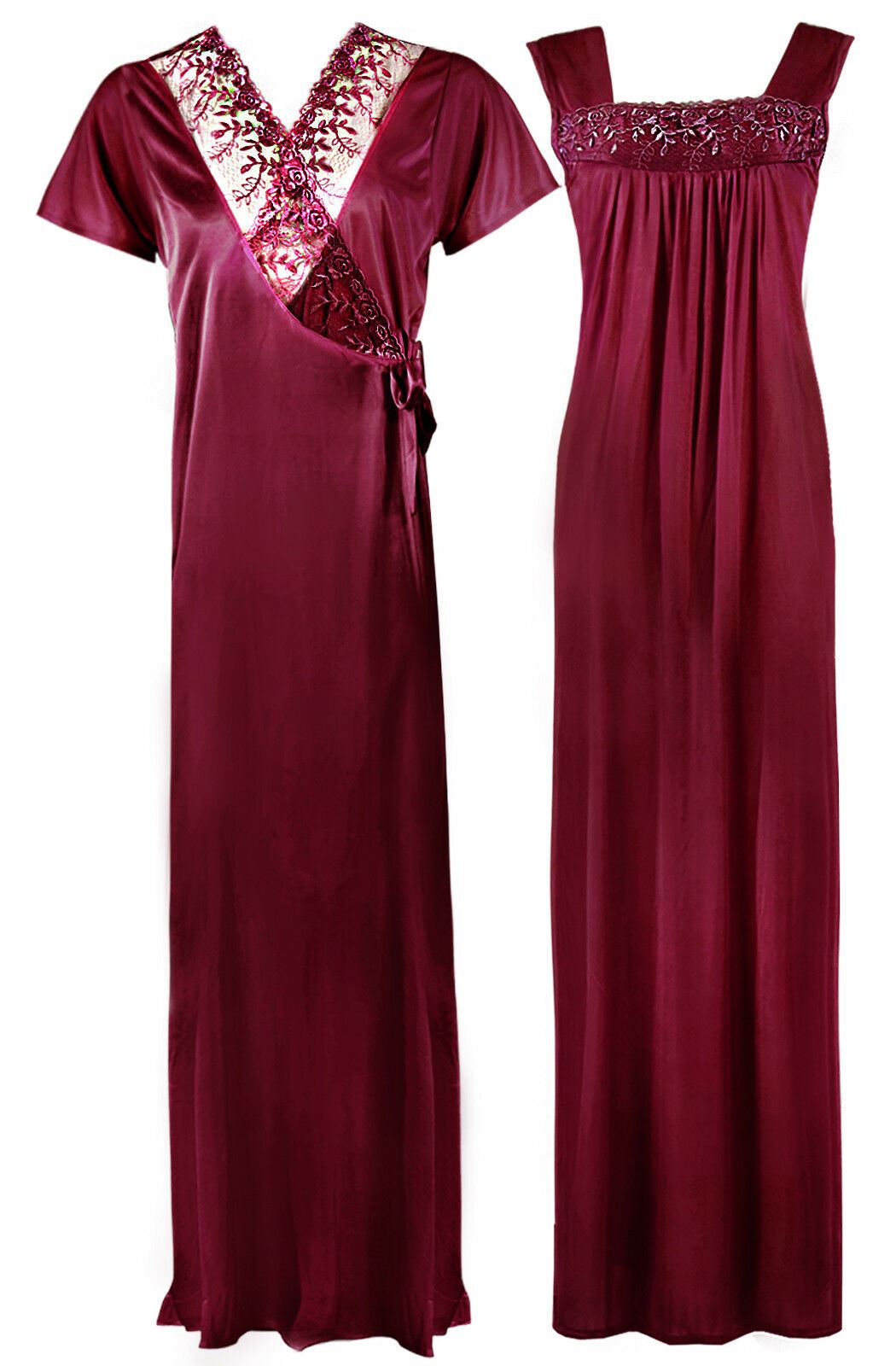 Deep Red / One Size WOMENS LONG SATIN CHEMISE NIGHTIE NIGHTDRESS LADIES DRESSING GOWN 2PC SET 8-16 The Orange Tags