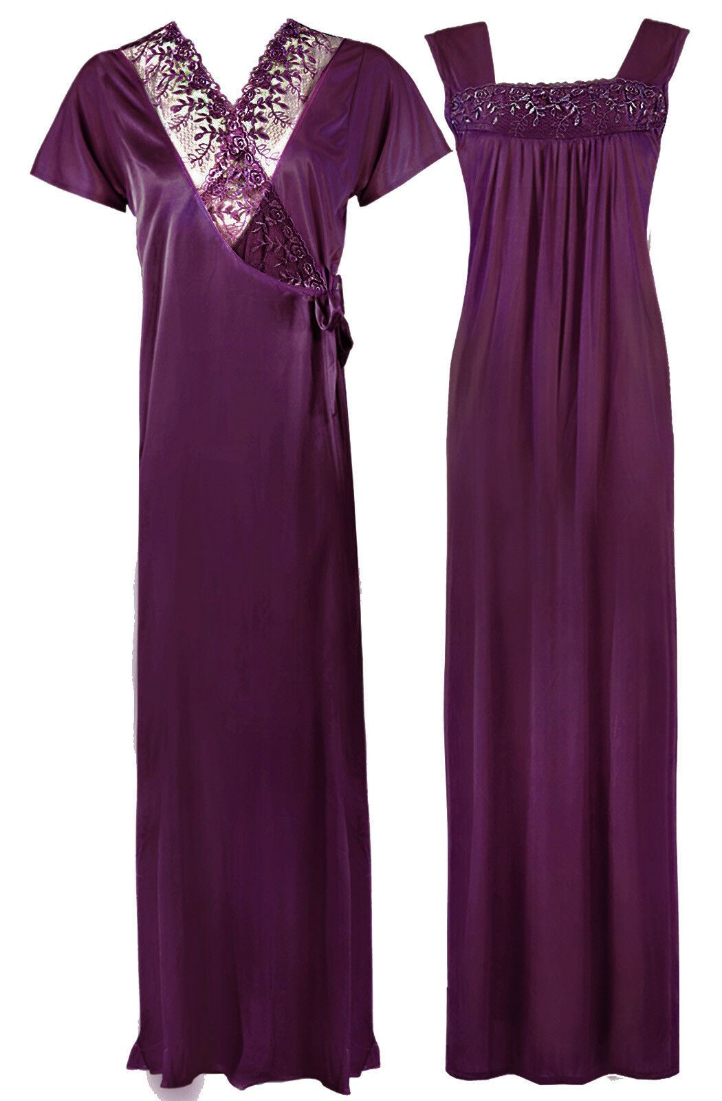 Light Purple / One Size WOMENS LONG SATIN CHEMISE NIGHTIE NIGHTDRESS LADIES DRESSING GOWN 2PC SET 8-16 The Orange Tags