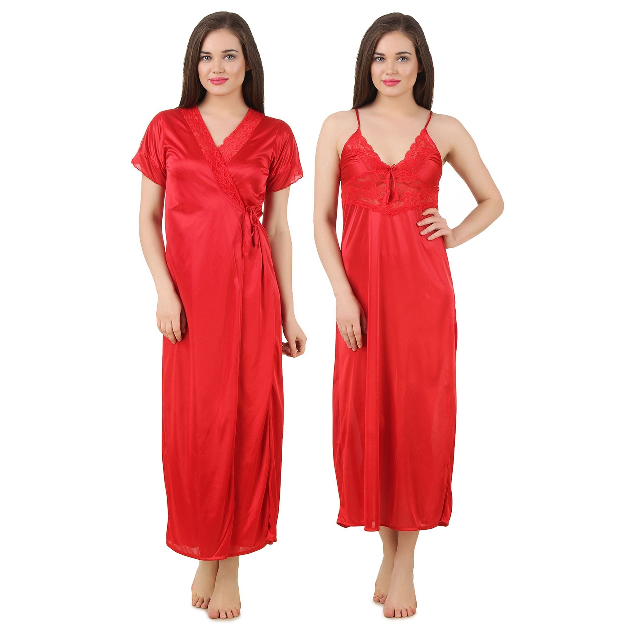 Red / One Size 2 Pc Satin Long Nighty With Robe / Wrap Gown The Orange Tags