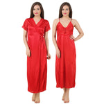 Charger l&#39;image dans la galerie, Red / One Size 2 Pc Satin Long Nighty With Robe / Wrap Gown The Orange Tags
