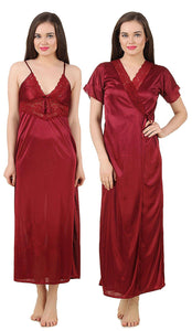 Deep Red / One Size 2 Pc Satin Long Nighty With Robe / Wrap Gown The Orange Tags
