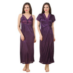 Load image into Gallery viewer, Dark Purple / One Size 2 Pc Satin Long Nighty With Robe / Wrap Gown The Orange Tags
