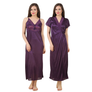 Dark Purple / One Size 2 Pc Satin Long Nighty With Robe / Wrap Gown The Orange Tags