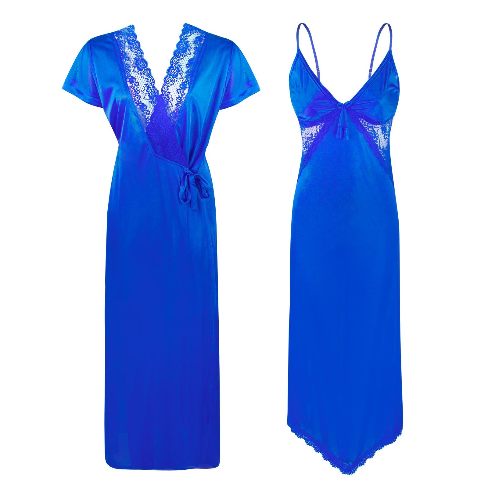 Royal Blue / One Size Satin Asymmetric Uneven Nighty with Long Dressing Gown The Orange Tags