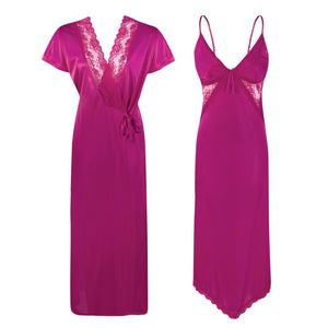 Wine / One Size Satin Asymmetric Uneven Nighty with Long Dressing Gown The Orange Tags