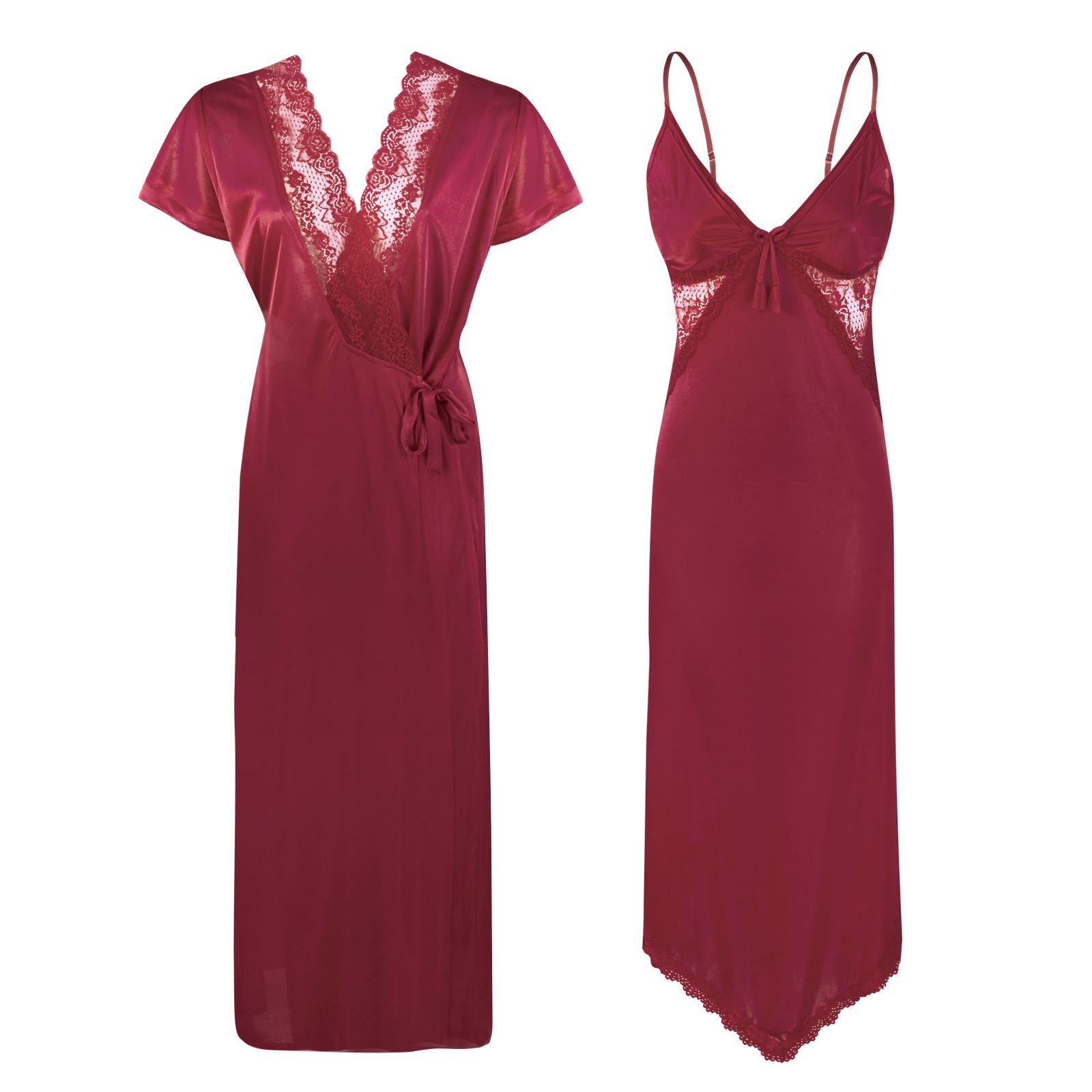Deep Red / One Size Satin Asymmetric Uneven Nighty with Long Dressing Gown The Orange Tags