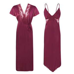 Dark Wine / One Size Satin Asymmetric Uneven Nighty with Long Dressing Gown The Orange Tags