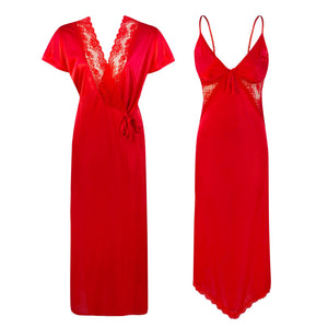 Red / One Size Satin Asymmetric Uneven Nighty with Long Dressing Gown The Orange Tags