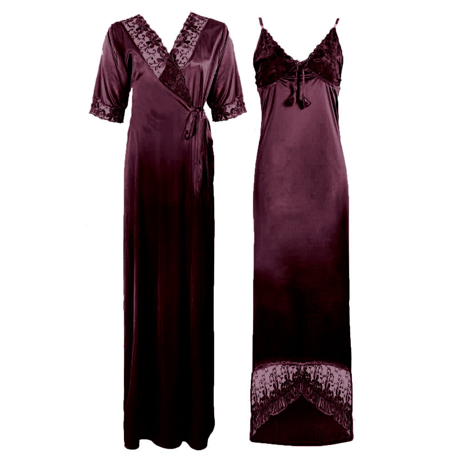 Burgundy / 8-14 Satin Lace Nighty With Robe The Orange Tags