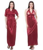 Afbeelding in Gallery-weergave laden, Deep Red / One Size 2 Pc Satin Nightwear Halterneck Nighty with Robe The Orange Tags
