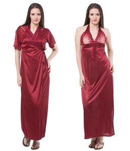 Deep Red / One Size 2 Pc Satin Nightwear Halterneck Nighty with Robe The Orange Tags