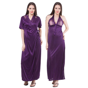 Purple / One Size 2 Pc Satin Nightwear Halterneck Nighty with Robe The Orange Tags