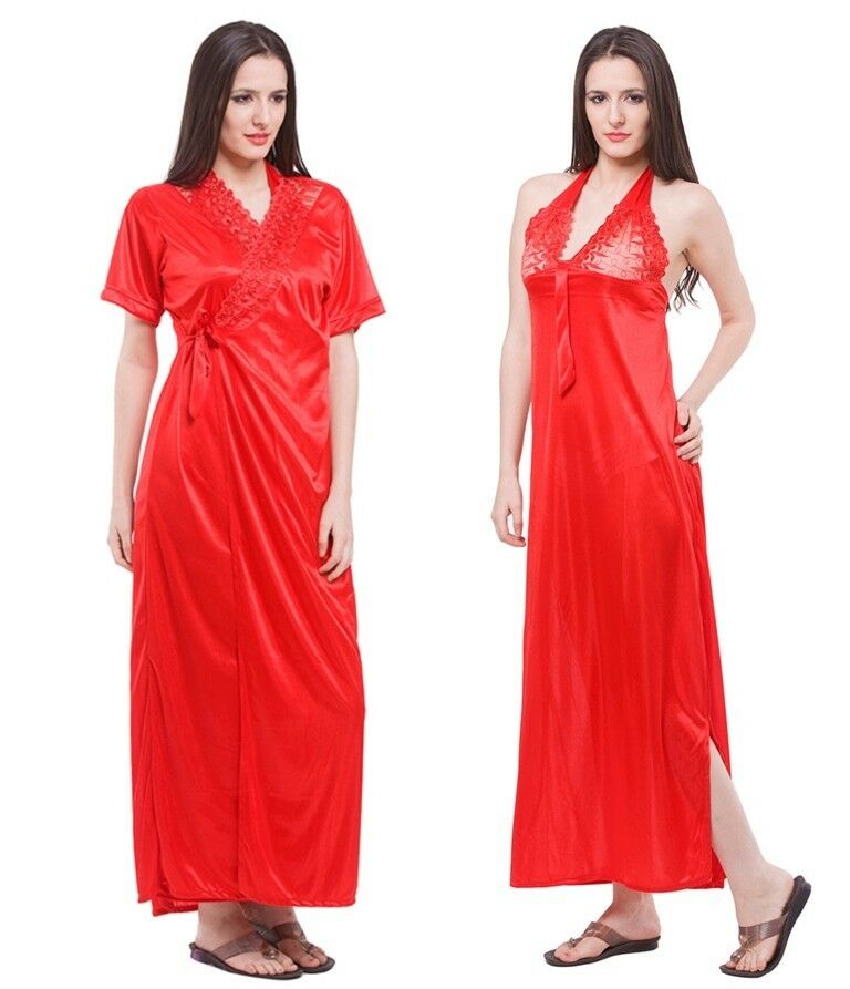 Red / One Size 2 Pc Satin Nightwear Halterneck Nighty with Robe The Orange Tags