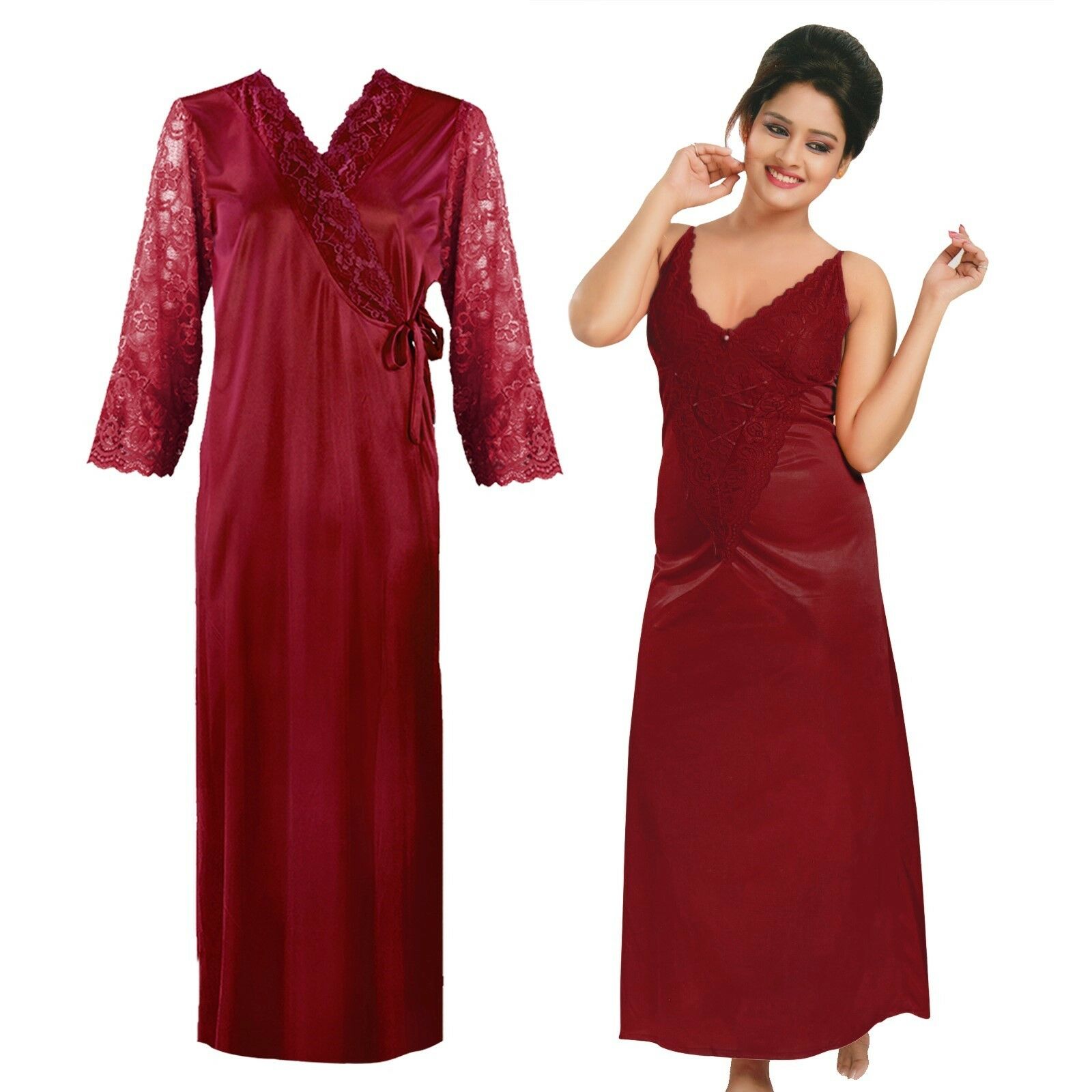 Deep Red / One Size Women Long Sleeve Satin Gown with Nighty The Orange Tags