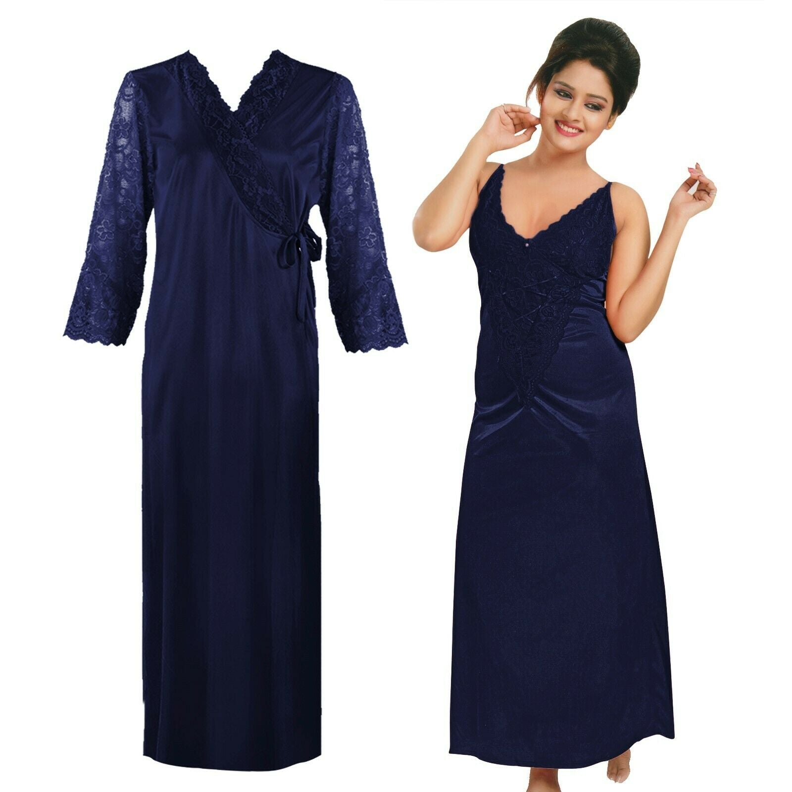 Navy / One Size Women Long Sleeve Satin Gown with Nighty The Orange Tags